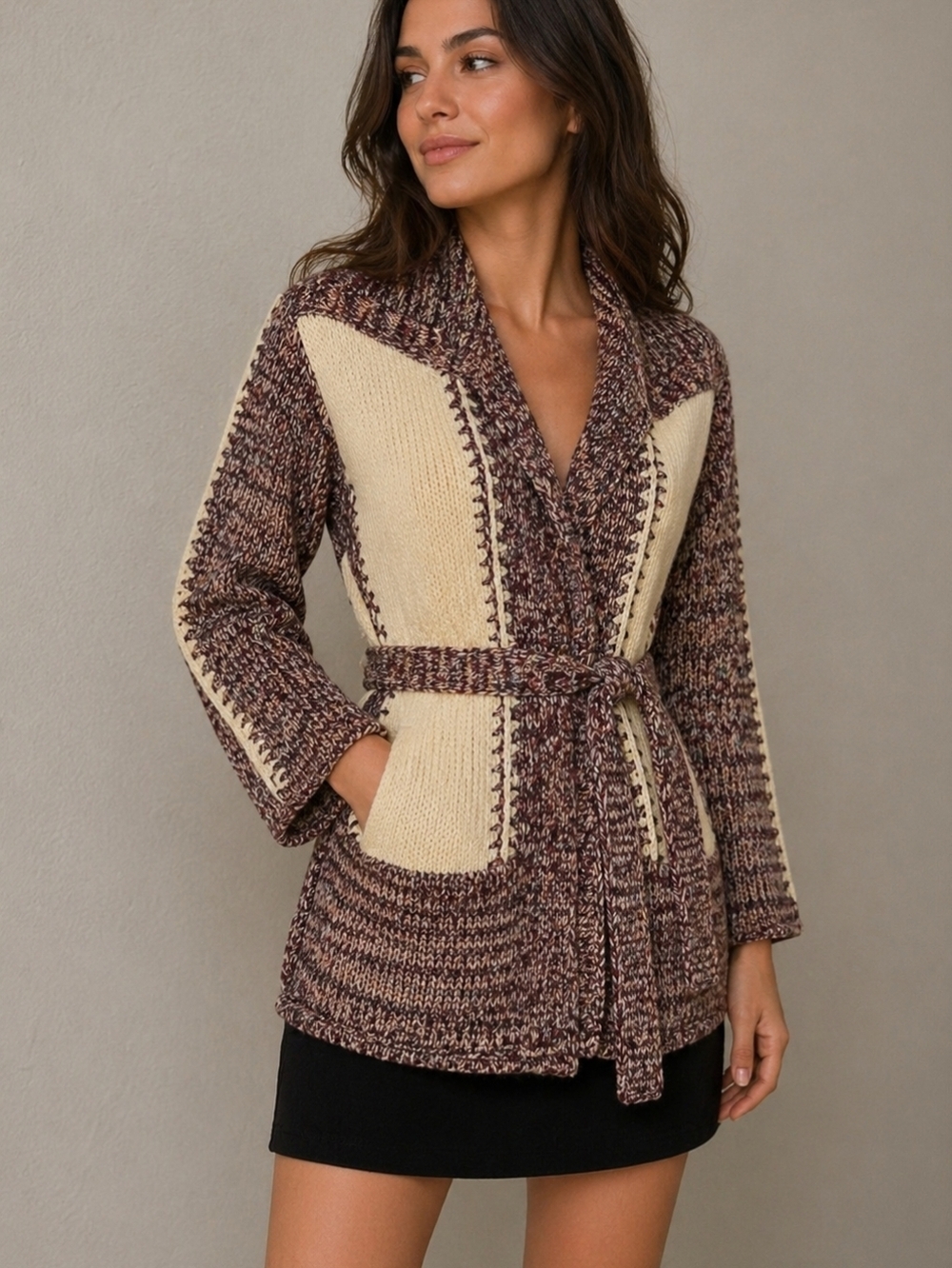 VTG 1970s Western Boho Hand Loomed Cardigan Hoodie Tie Waist Festival Sweater